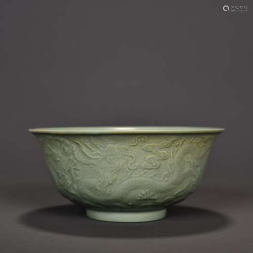 Celadon Glaze Relief-Decorated Dragon Bowl