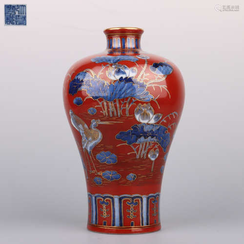 A Sacrificial Red Glaze Crane Meiping Vase