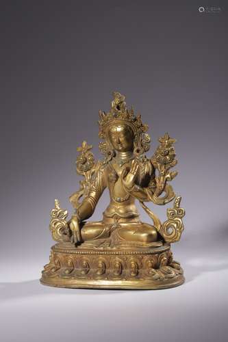 Gems Inlaid Gilt-Bronze Figure Of Green Tara