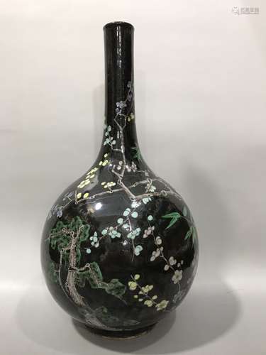 Black Ground Wucai Pine, Plum Blossom And Bamboo Bottle Vase