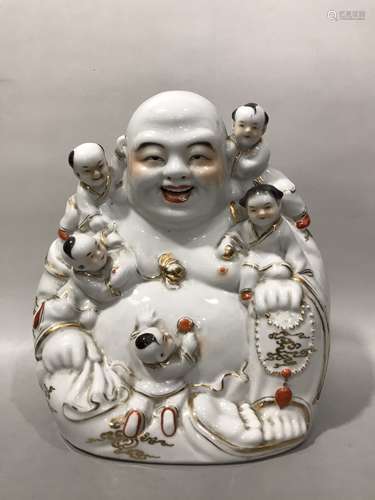 White Glaze And Gilt-Decorated Maitreya And Five Boys Figuri...