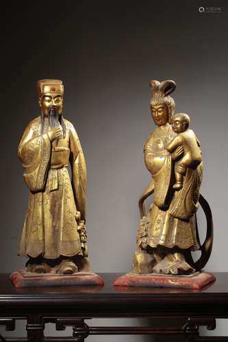 pair of chinese gold-lacquer camphor wood figures