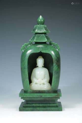 chinese green jade shrine with white jade sakyamuni