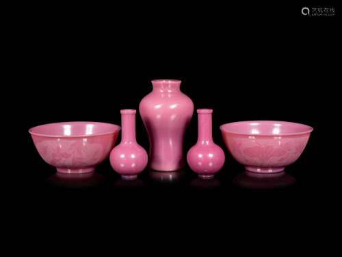 Five Chinese Opaque Pink Glass Articles