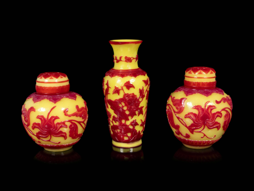 Three Chinese Red Overlay Yellow Glass Articles