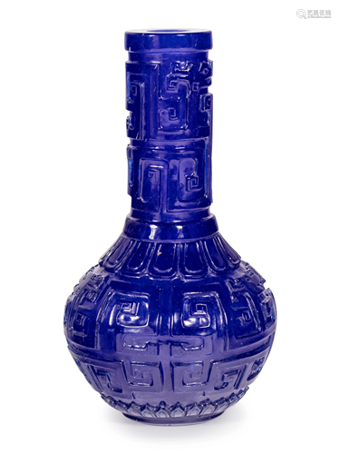 A Chinese Carved Transparent Sapphire Blue Glass Bottle