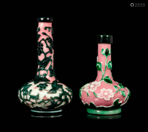 Two Chinese Pink, Green and White Glass Bottle Vases