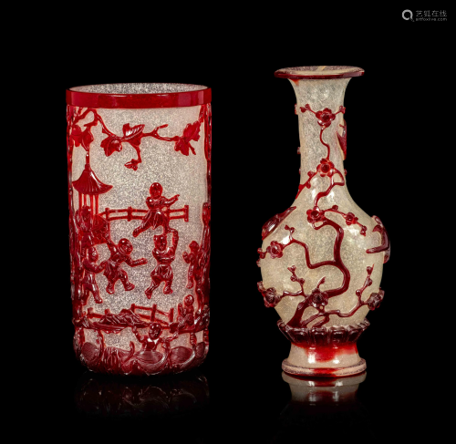 Two Chinese Ruby-Red Overlay Snowflake Ground Glass