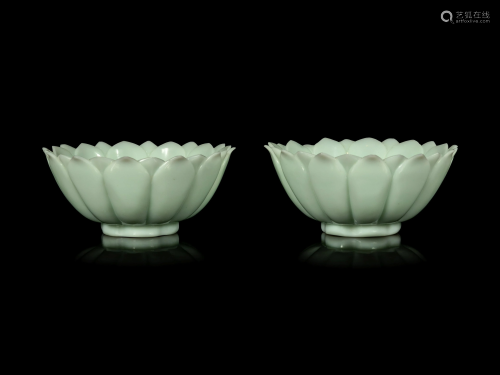 A Pair of Chinese Celadon Glass 'Lotus' Bowls