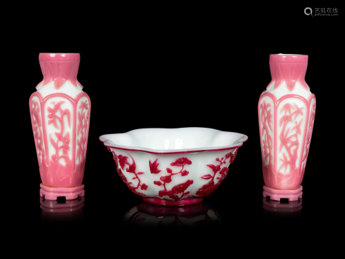 Three Chinese Opaque White Pink Overlay Glass Articles