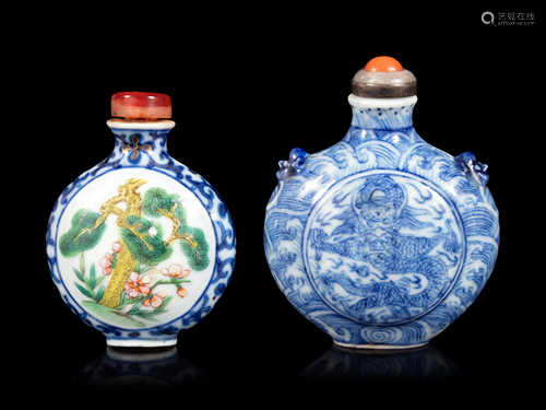 Two Chinese Blue and White Porcelain Snuff Bottles