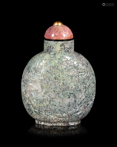 A Chinese Carved Moss Agate Snuff Bottle