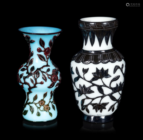 Two Chinese Black Overlay Glass Vases