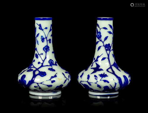 A Pair of Chinese Blue Overlay Opaque White Glass