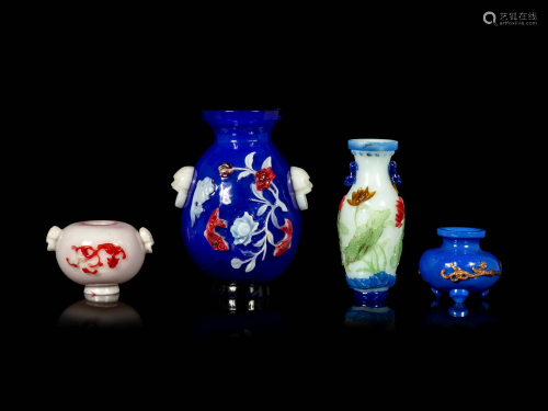 Four Chinese Polychrome Overlay Glass Articles