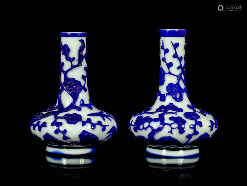 A Pair of Chinese Blue Overlay Opaque White Glass