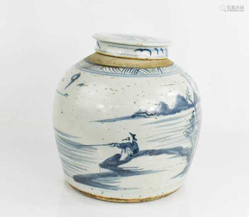 A 19th century Chinese ginger jar and cover, blue and white,...