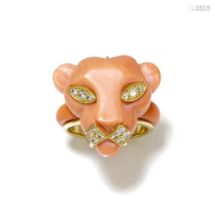 Fred, bague panthère or 750 et corail, le museau