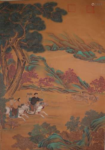 Chinese Ink Painting Of Hunting - Lang Shining