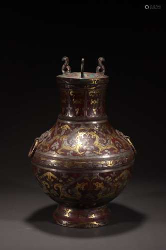 Chinese Bronze Gold And Silver Painted Vessel