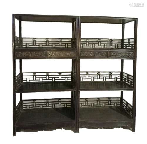 Chinese A Pair Of Zitan Rosewood Carving Bookcases