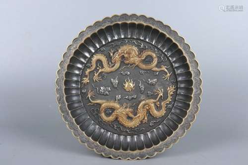 Chinese Silver Plate Inlaid Gold Dragon