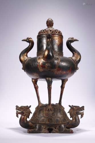 Chinese Bronze Gold Gilded Incense Burner