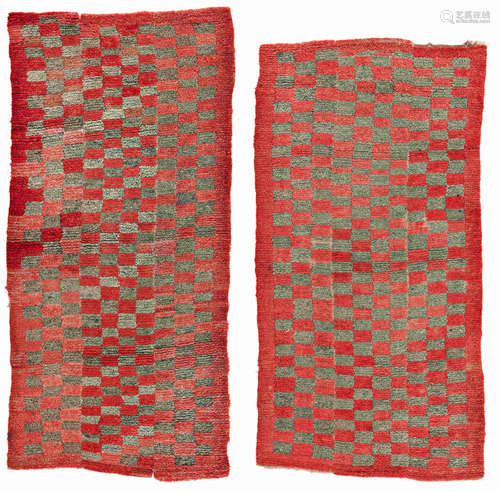 Pair of Tsuk Truk Rugs with Checkerboard Design