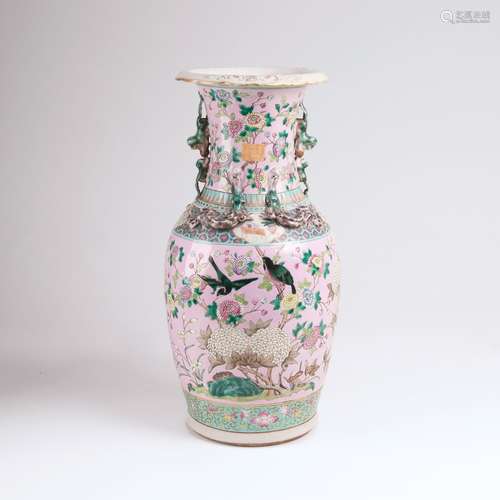 A Famille-Rose Vase with Flowers and Birds.