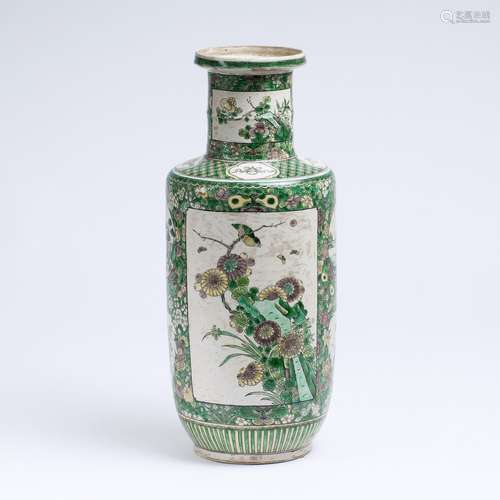 A Wucai Rouleau Vase with Famille Verte Painting.