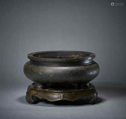 Black lacquer large copper incense burner with original seat...