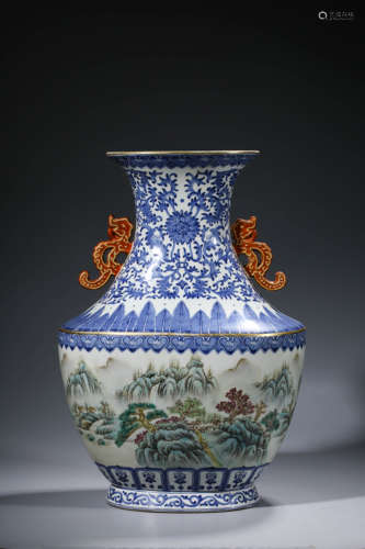 Qing Dynasty blue-and-white landscape red dragon ear bottle