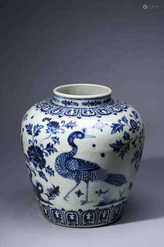 Qing Dynasty blue-and-white peacock peony twine pattern pot