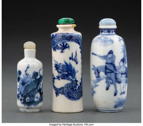 A Group of Three Chinese Blue and White Snuff Bottles, 19th-...