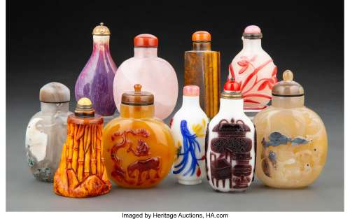 A Group of Ten Chinese Snuff Bottles Marks to one: two-chara...