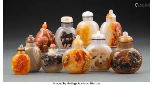 A Group of Ten Chinese Agate Snuff Bottles 3 x 2-1/4 x 1-1/2...