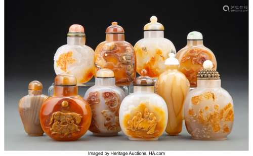 A Group of Ten Chinese Carved Agate Snuff Bottles 3-3/8 x 2 ...