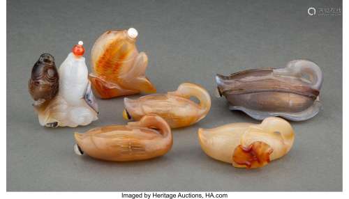 A Group of Six Chinese Animal-Form Agate Snuff Bottles 1-7/8...