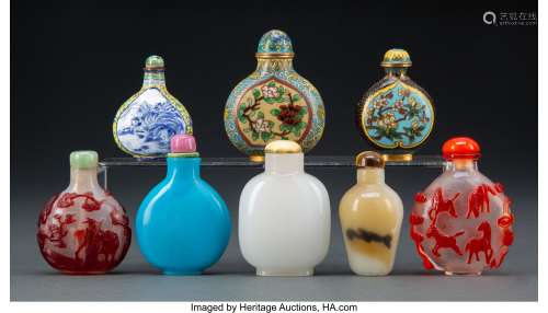A Group of Eight Chinese Snuff Bottles Marks to largest cloi...