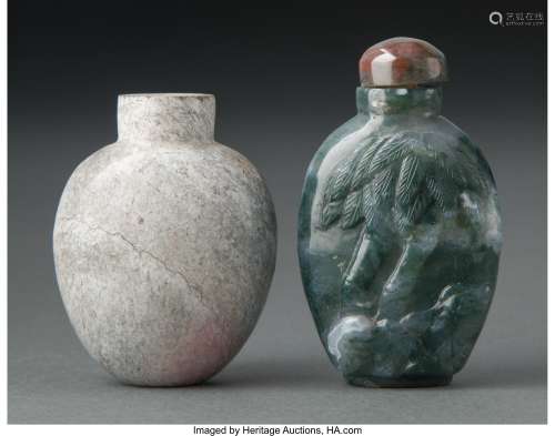 A Chinese Calcified Jade Snuff Bottle and a Chinese Carved A...
