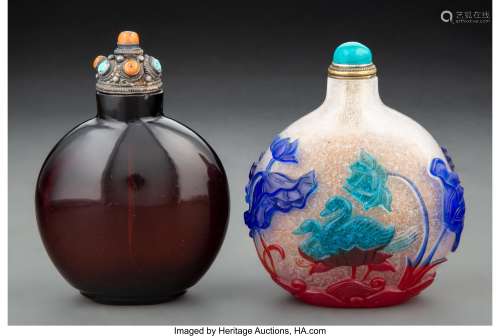 Two Large Chinese Peking Glass Snuff Bottles Marks to larger...