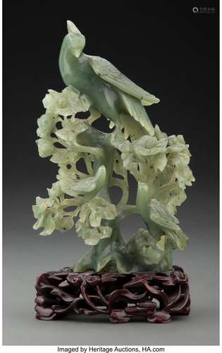 A Chinese Spinach Jade Bird Figural Group on Fitted Wood Sta...