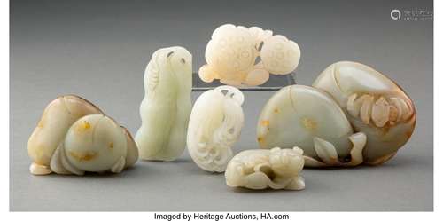 A Group of Six Chinese Celadon Jade Carvings 1 x 3-3/4 x 2-1...