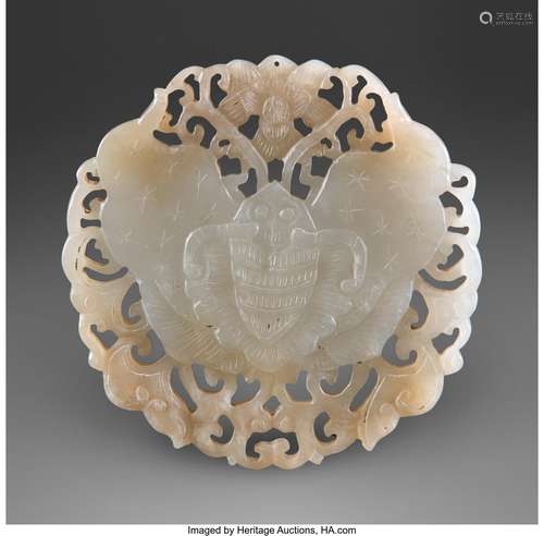 A Chinese Pale Celadon Jade Butterfly Plaque 0-1/4 x 2-3/4 i...