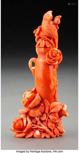 A Chinese Carved Coral Snuff Bottle, 20th century Marks: two...