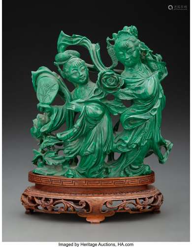 A Chinese Malachite Figural Group with a Fitted Wood Stand 5...