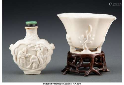 A Chinese Blanc-de-Chine Cup on Stand and Snuff Bottle 3-1/4...