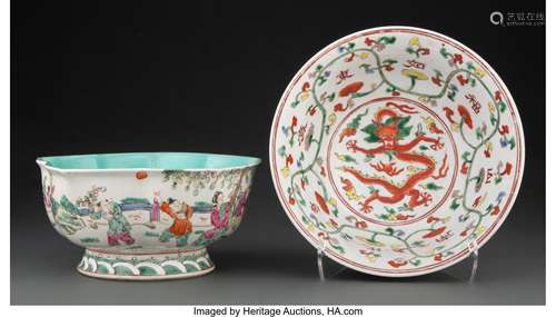 Two Chinese Enameled Porcelain Bowls Marks to largest: six-c...