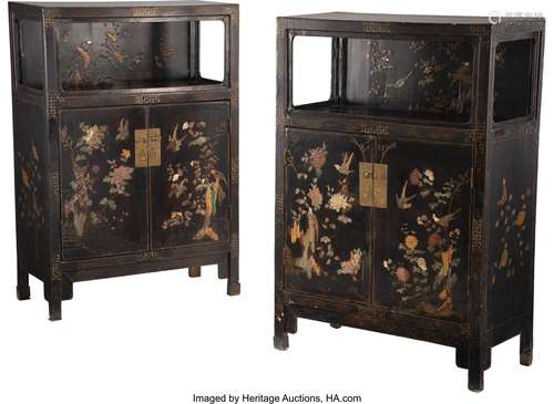 A Pair of Chinese Inlaid Hard Stone Lacquer Cabinets, 19th c...