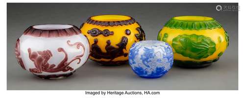 A Group of Four Chinese Peking Glass Overlay Jars Marks: six...